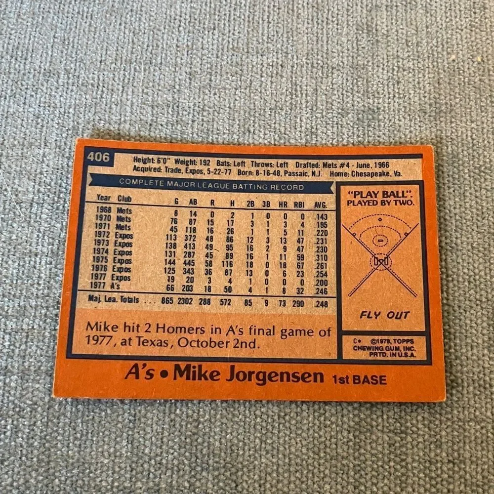 1978 Topps Oakland A's Baseball Card Trading Card